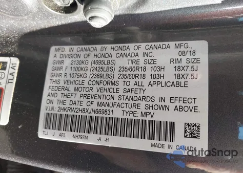 2018 Honda Cr-V Exl из США, поврежденный, VIN 2HKRW2H8XJH669831